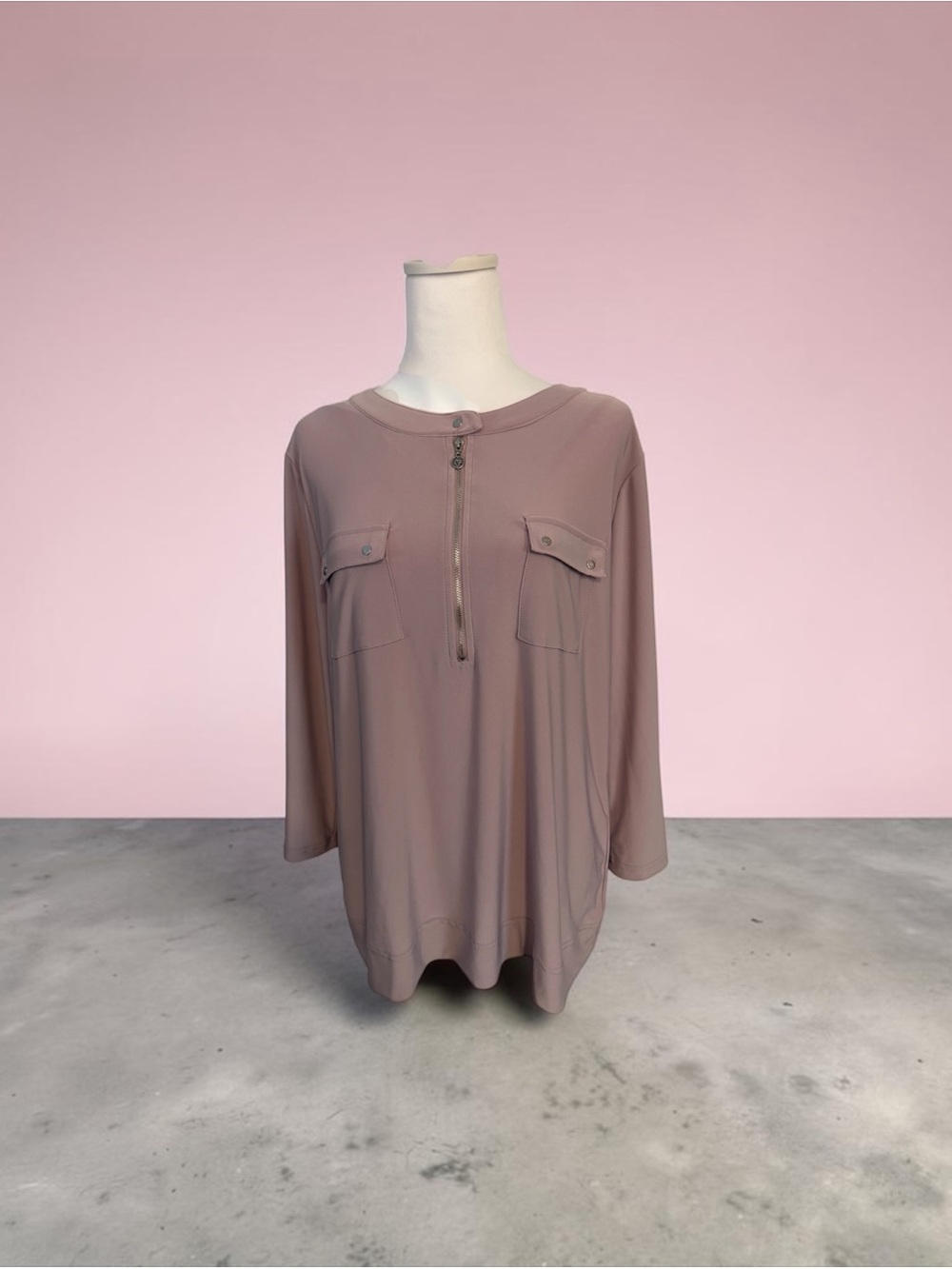 Anne Klein Mauve Blush Zip Front Tunic Top Pocket Blouse